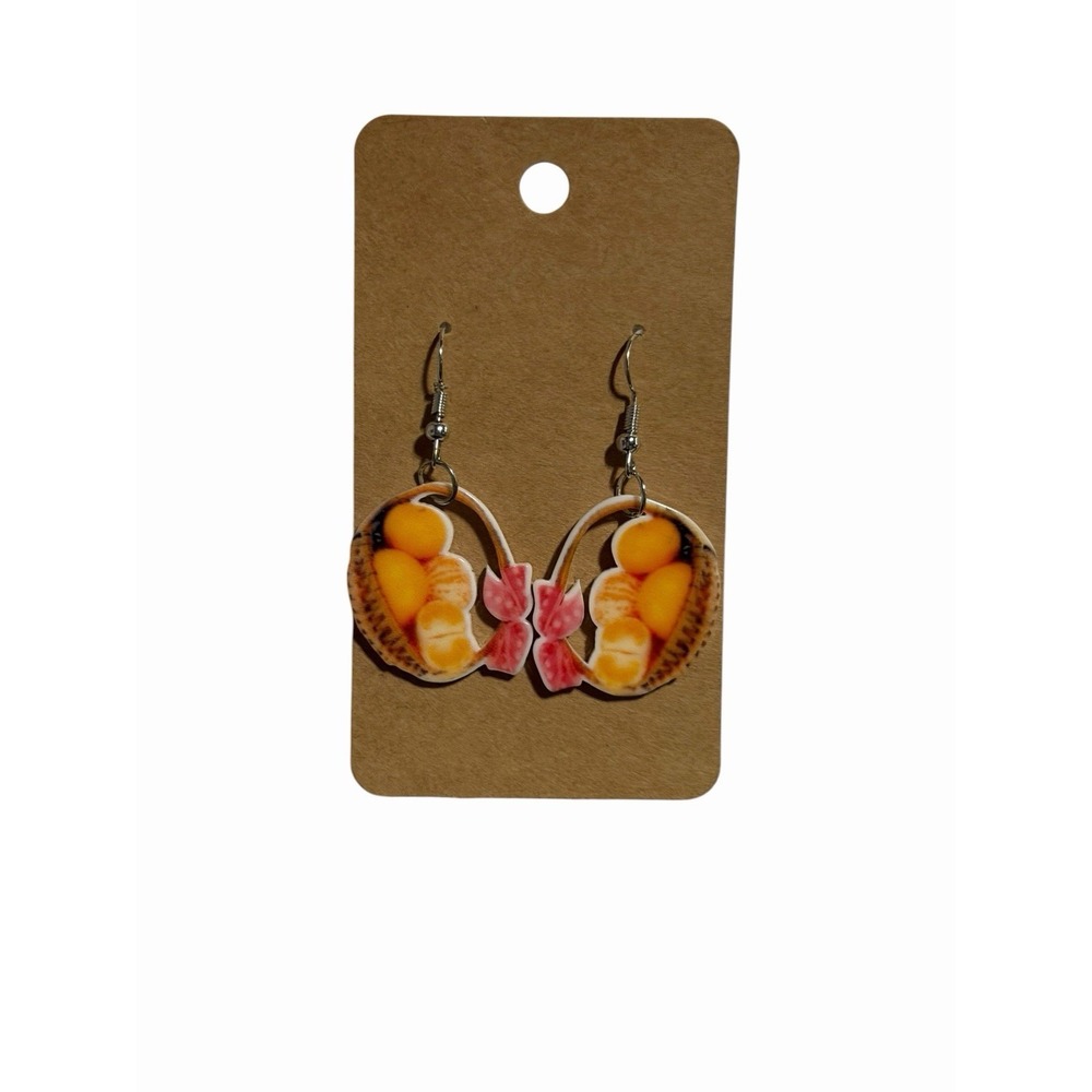 Handmade‎ Acrylic Orange Fruit Basket Drop Earrings Pink Bow Cottagecore Dangle